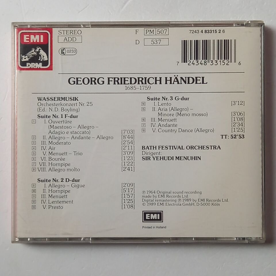 HANDEL: WASSERMUSIK - BATH FESTIVAL ORCHESTRA, YEHUDI MENUHIN (1964) - CD REMASTERED REISSUE 2.EL