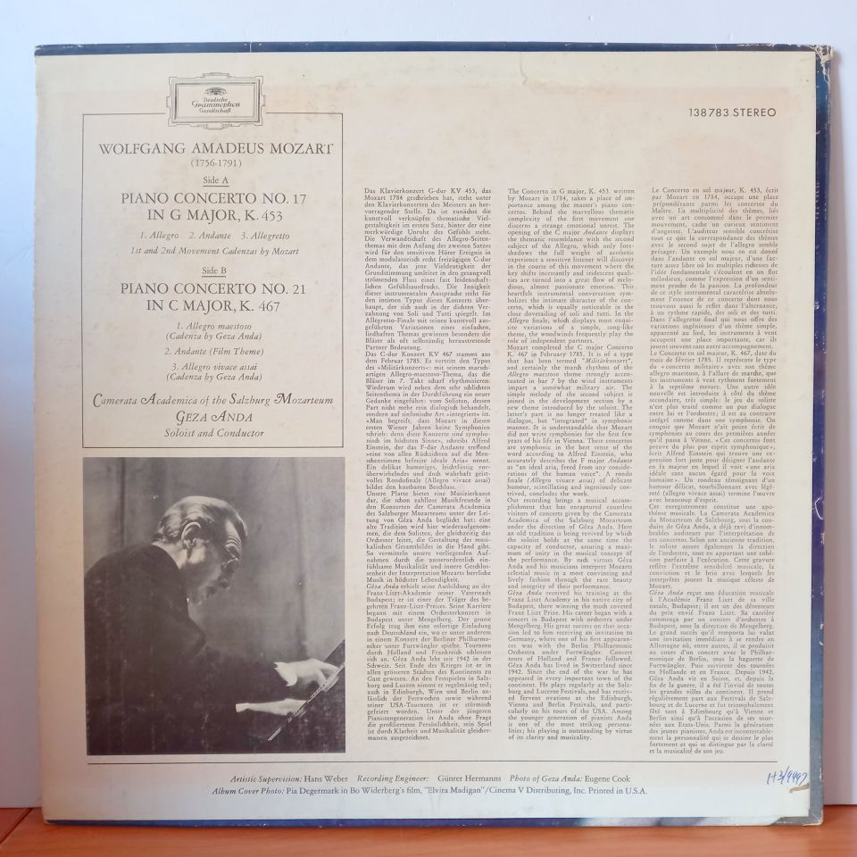 MOZART - CAMERATA ACADEMICA DES SALZBURGER MOZARTEUMS, GEZA ANDA – KLAVIERKONZERTE G-DUR KV 453 / C-DUR KV 467 (1962) - LP 2.EL PLAK