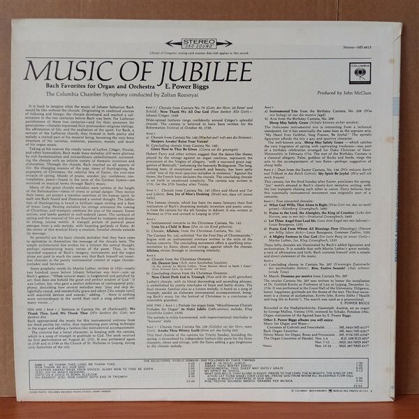 MUSIC OF JUBILEE [BACH FAVORITES FOR ORGAN AND ORCHESTRA] / E. POWER BIGGS, THE COLUMBIA CHAMBER SYMPHONY, ZOLTAN ROZSNYAI - LP 2.EL PLAK