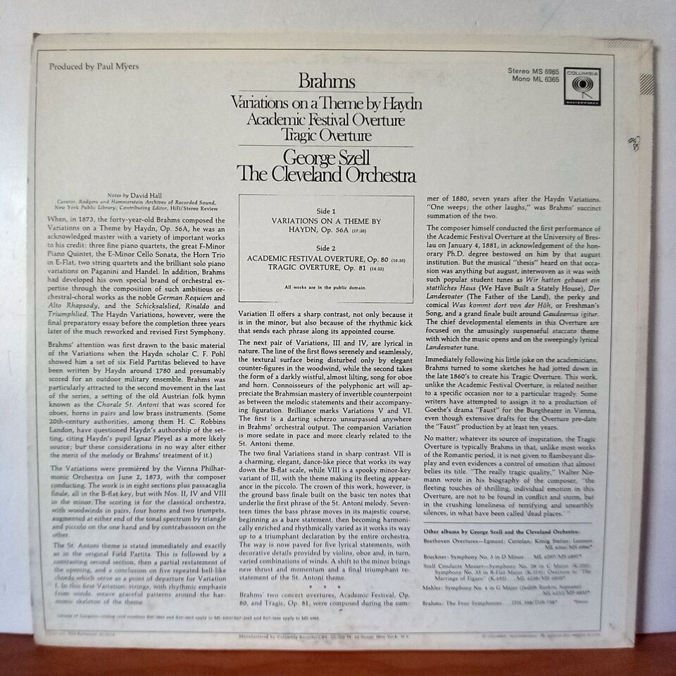 BRAHMS: VARIATIONS ON A THEME BY HAYDN · TRAGIC OVERTURE · ACADEMIC FESTIVAL OVERTURE / GEORGE SZELL, THE CLEVELAND ORCHESTRA (1967) - LP 2.EL PLAK