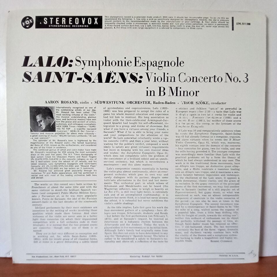 LALO: SYMPHONIE ESPAGNOLE / SAINT-SAENS: CONCERTO NO. 3 FOR VIOLIN AND ORCHESTRA / AARON ROSAND, SÜDWESTFUNKORCHESTER, BADEN-BADEN, TIBOR SZÖKE - LP 2.EL PLAK