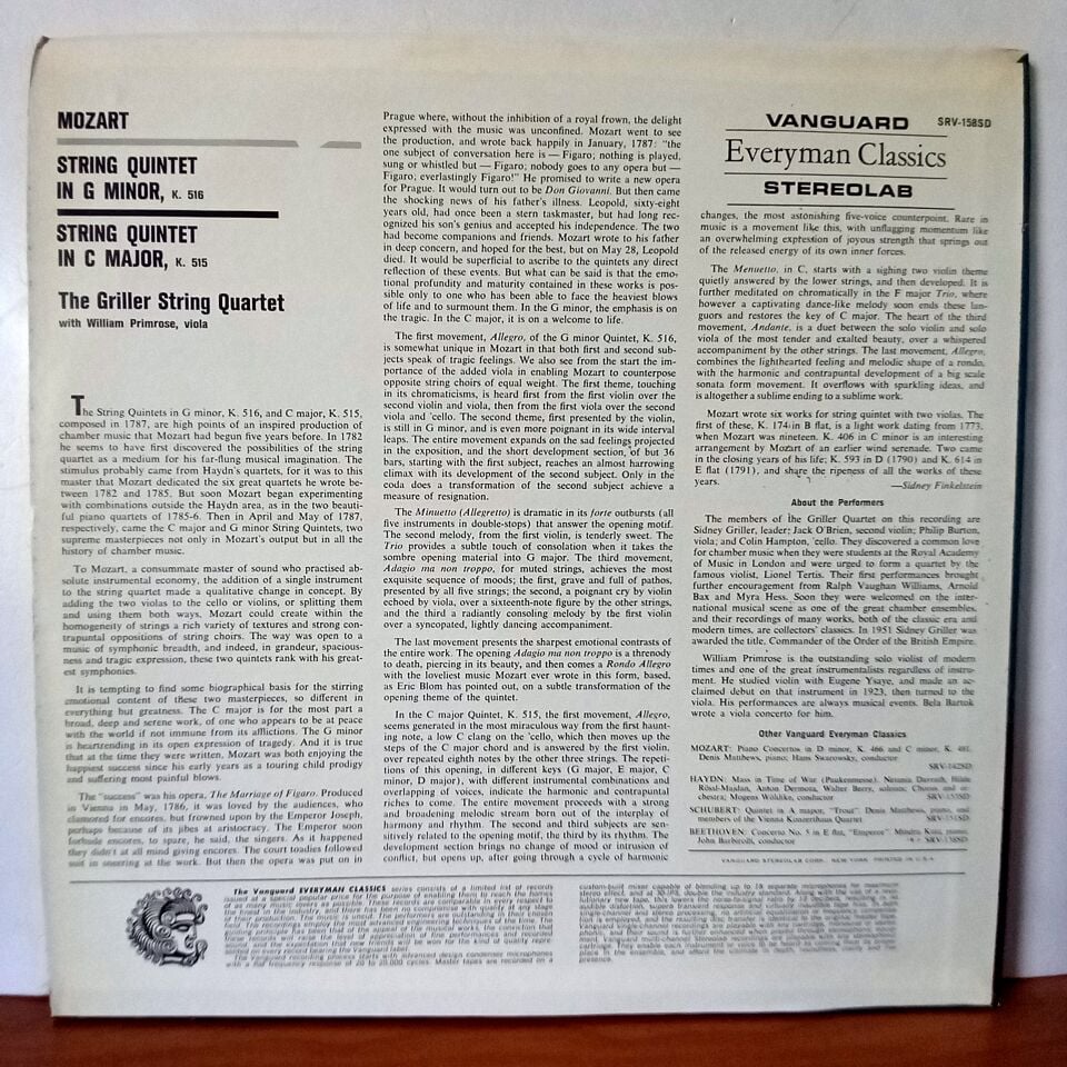 MOZART: QUINTETS K. 516 AND K. 515 / THE GRILLER STRING QUARTET WITH WILLIAM PRIMROSE - LP 2.EL PLAK