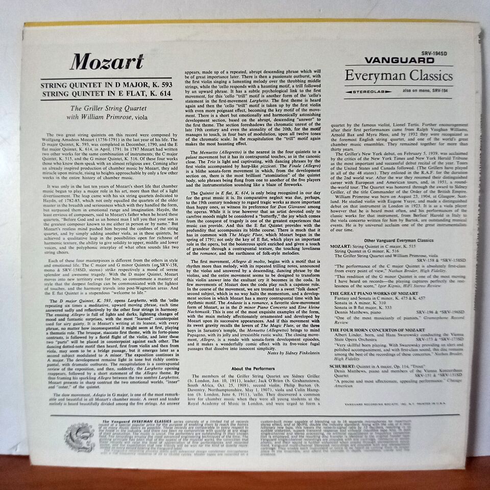 MOZART QUINTETS / QUINTET IN E FLAT MAJOR, K. 614 / QUINTET IN D MAJOR, K. 593 /  THE GRILLER STRING QUARTET WITH WILLIAM PRIMROSE - LP 2.EL PLAK