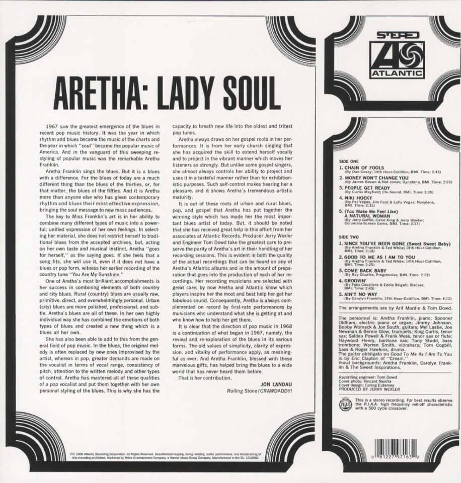ARETHA FRANKLIN - LADY SOUL (1968) - LP 180GR 2012 EDITION SIFIR PLAK
