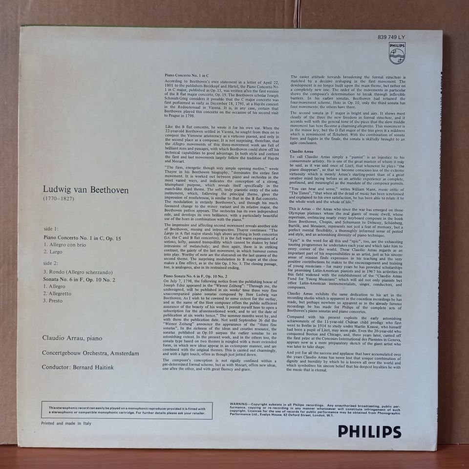 BEETHOVEN: PIANO CONCERTO NO. 1 / SONATA IN F MAJOR, OP. 10 NO. 2 / CLAUDIO ARRAU, CONCERTGEBOUW ORCHESTRA, AMSTERDAM, BERNARD HAITINK - LP 2.EL PLAK