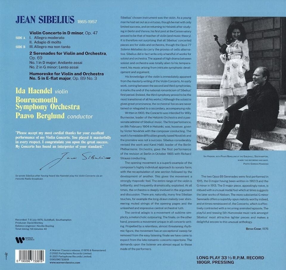 SIBELIUS - VIOLIN CONCERTO / 2 SERENADES (1976) IDA HAENDEL (VIOLIN) - LP 2021 EDITION SIFIR PLAK(Kopya)