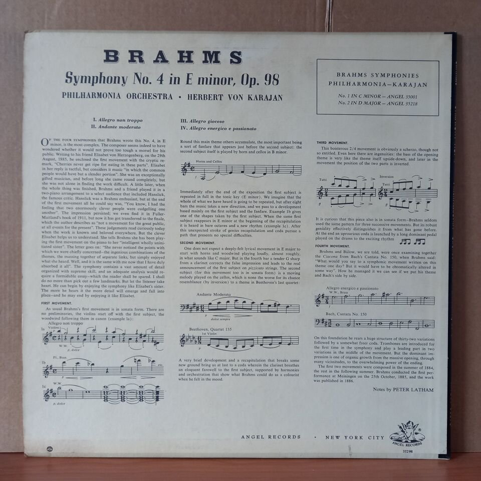 BRAHMS: SYMPHONY NO. 4 IN E MINOR / PHILHARMONIA ORCHESTRA, HERBERT VON KARAJAN - LP 2.EL PLAK