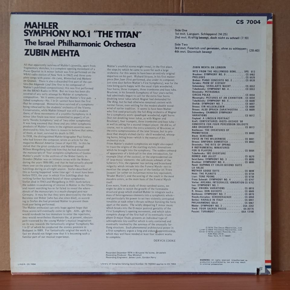 MAHLER: SYMPHONY NO. 1 ''THE TITAN'' / THE ISRAEL PHILHARMONIC ORCHESTRA, ZUBIN MEHTA (1976) - LP 2.EL PLAK