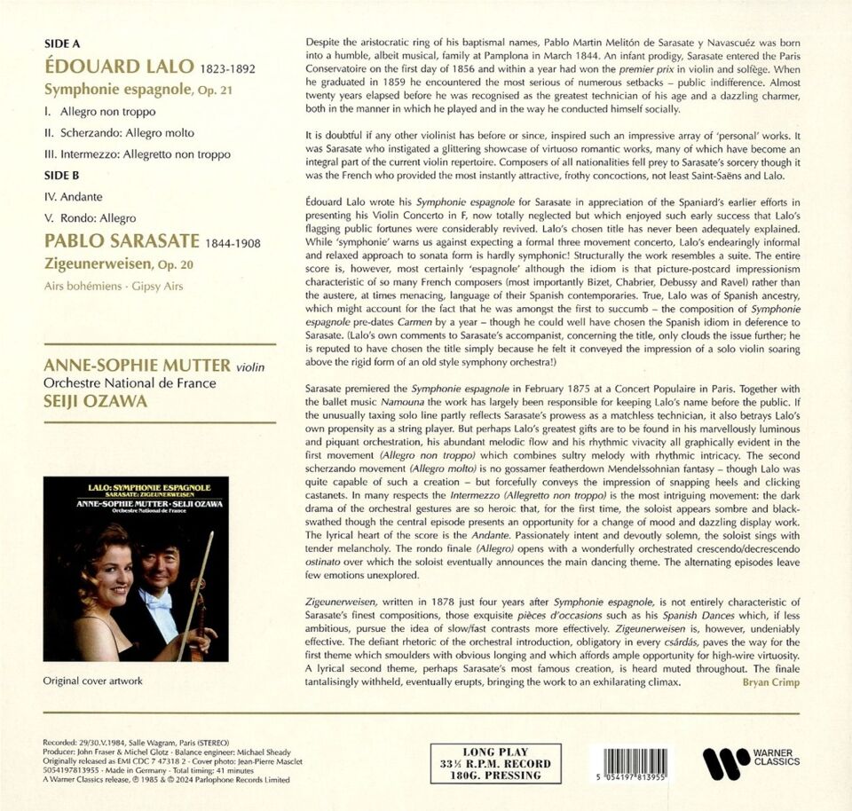 LALO / SARASATE - SYMPHONIE ESPAGNOLE / ZIGEUNERWEISEN , ANNE SOPHIE MUTTER , SEJI OZAWA (1985) - LP 180GR 2024 EDITION SIFIR PLAK