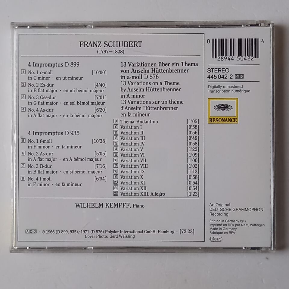 SCHUBERT: IMPROMPTUS D 899 & D 935 - VARIATIONEN D 576 - WILHELM KEMPFF - CD REMASTERED 2.EL