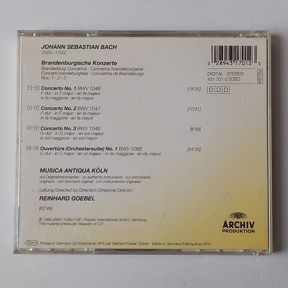 J.S. BACH: BRANDENBURGISCHE KONZERTE NOS. 1,2,3 - MUSICA ANTIQUA KÖLN, REINHARD GOEBEL - CD REISSUE 2.EL