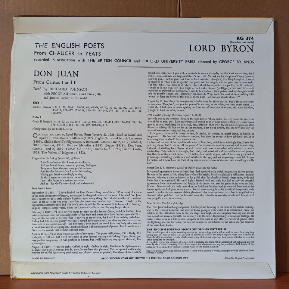 THE ENGLISH POETS / RICHARD JOHNSON AND PEGGY ASHCROFT / BYRON: DON JUAN (1963) - LP 2.EL PLAK