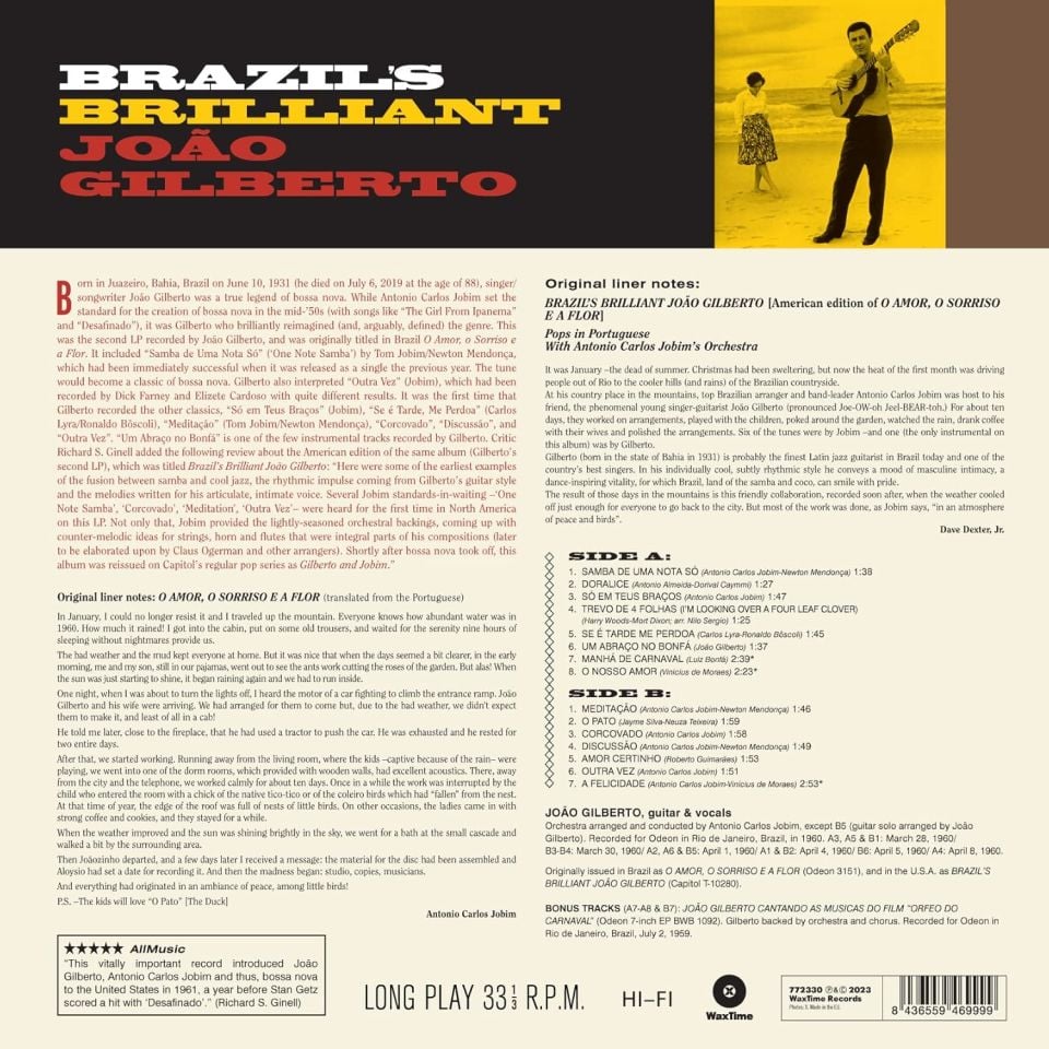 JOAO GILBERTO - BRAZIL'S BRILLIANT (1960 / O Amor, O Sorriso E A Flor) - LP LATIN JAZZ BOSSA NOVA 180GR 2024 EDITION SIFIR PLAK