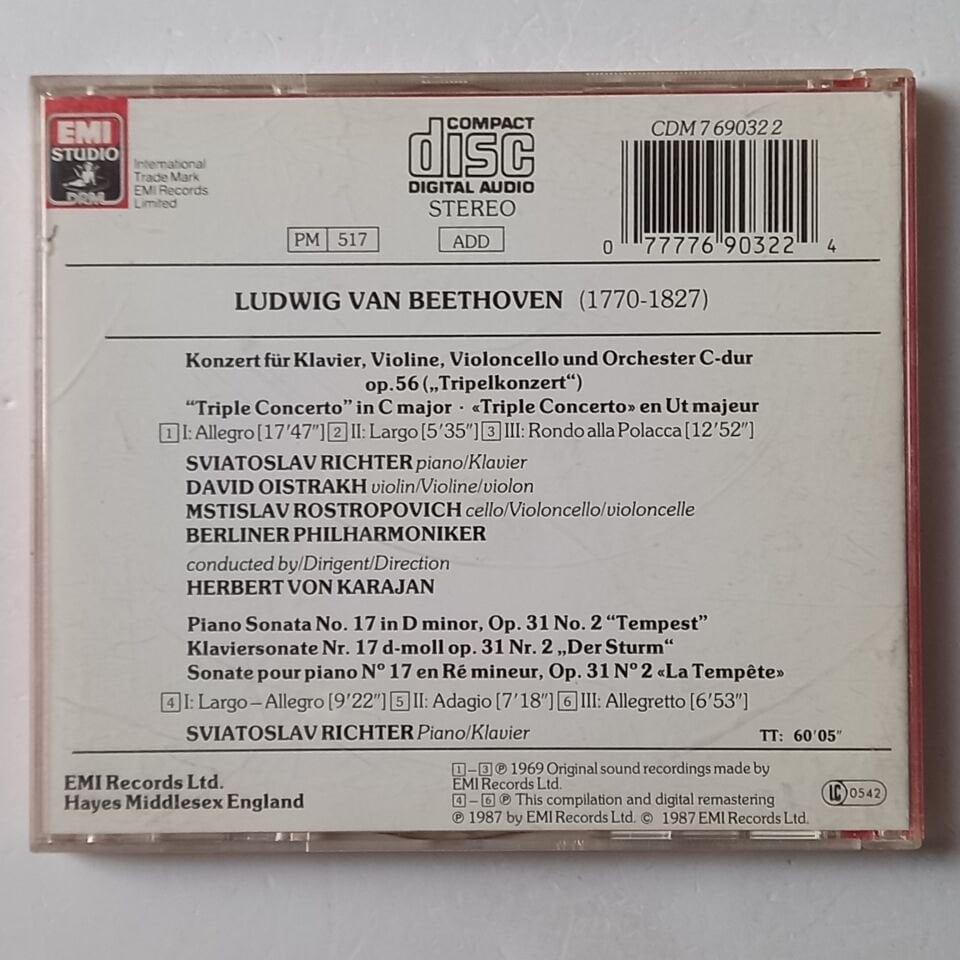 BEETHOVEN: TRIPLE CONCERTO KLAVIERSONATE OP.31/2/ - RICHTER, OISTRACH, ROSTROPOVICH, BERLINER PHILHARMONIKER / HERBERT VON KARAJAN  (1970) - CD 1980 REISSUE 2.EL