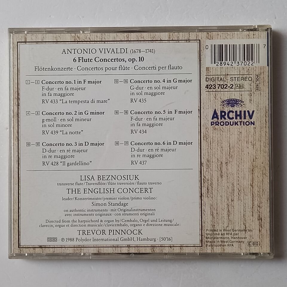 VIVALDI: 6 FLUTE CONCERTOS OP. 10  ‎– LISA BEZNOSIUK, THE ENGLISH CONCERT, TREVOR PINNOCK (1988) - CD 2.EL