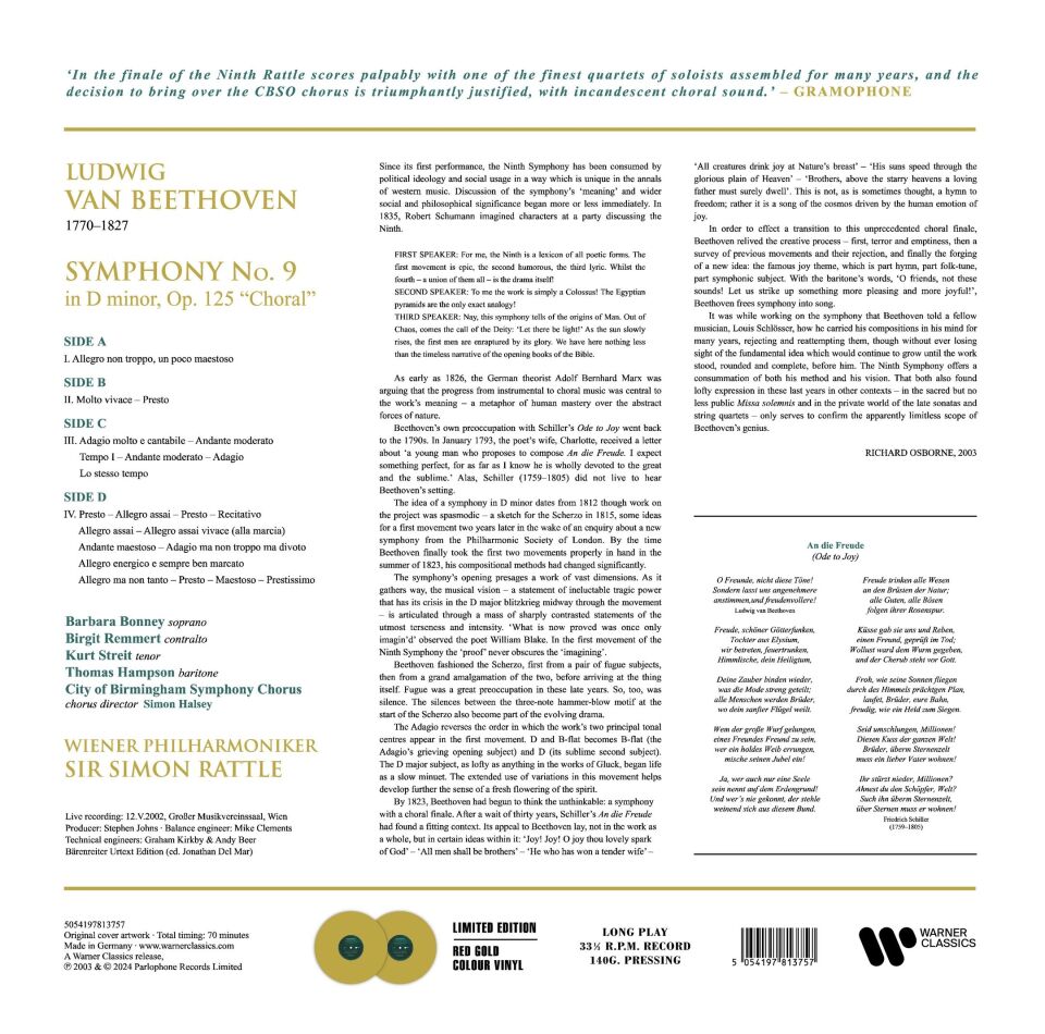 BEETHOVEN - SYMPHONY NO 9 / SIMON RATTLE , WIENER PHILHARMONIKER (2003) - 2LP 2024 COLOURED EDITION SIFIR PLAK