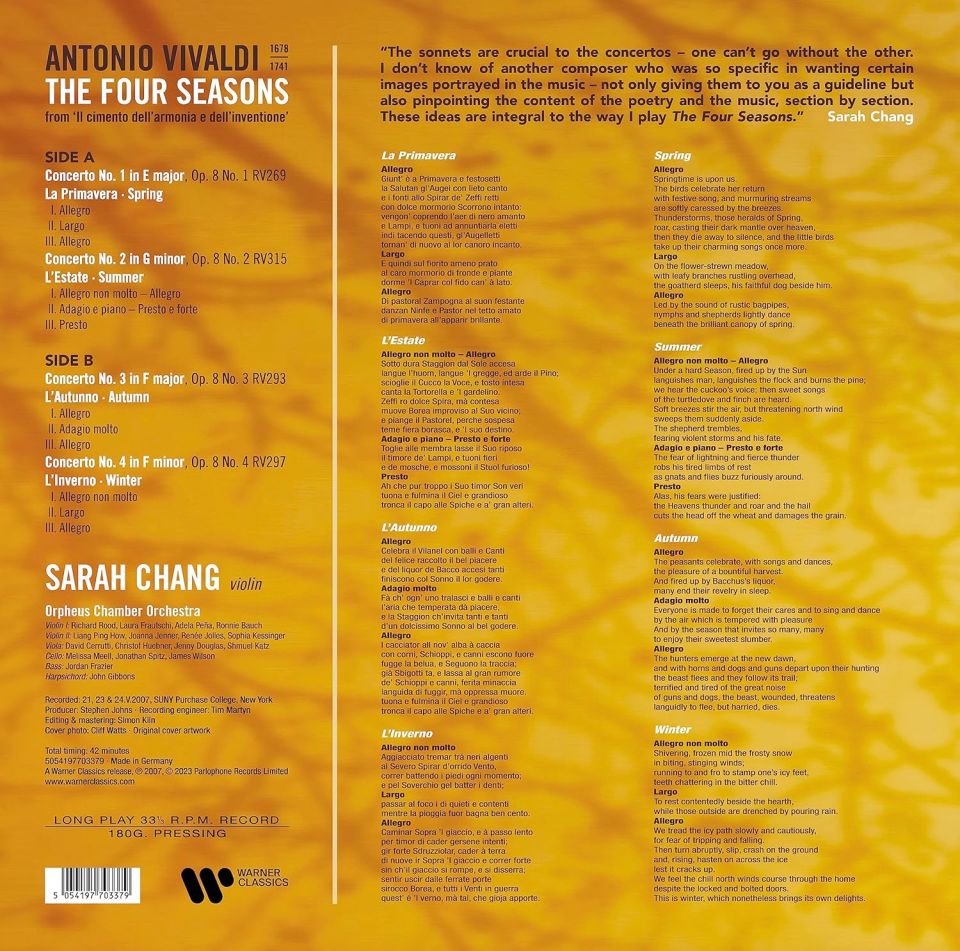 VIVALDI - THE FOUR SEASONS / SARAH CHANG (2007) - LP 180GR 2023 EDITION SIFIR PLAK