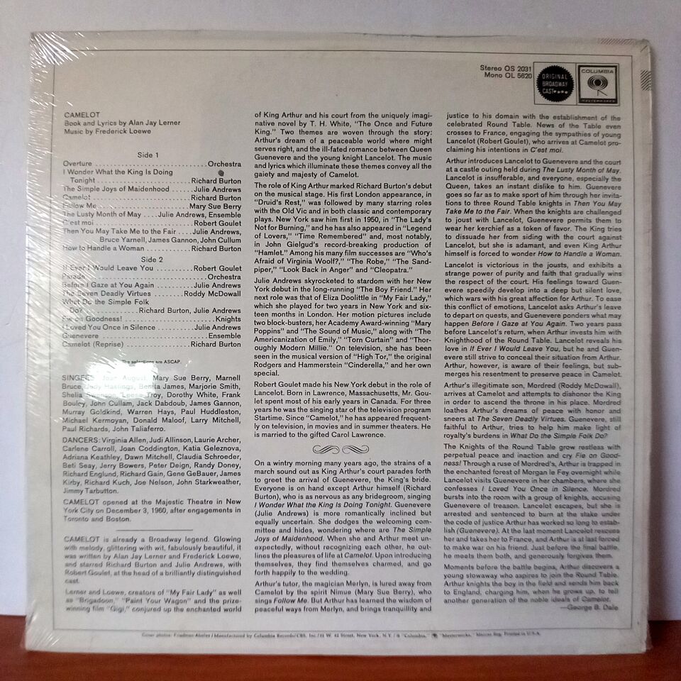 CAMELOT ORIGINAL BROADWAY CAST / ALAN JAY LERNER, FREDERICK LOEWE / JULIE ANDREWS, RICHARD BURTON (1965) - LP DÖNEM BASKI SIFIR PLAK