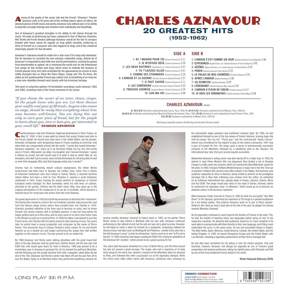 CHARLES AZNAVOUR - 20 GREATEST HITS / 1952-1962 (2018) - LP COMPILATION 180GR SIFIR PLAK
