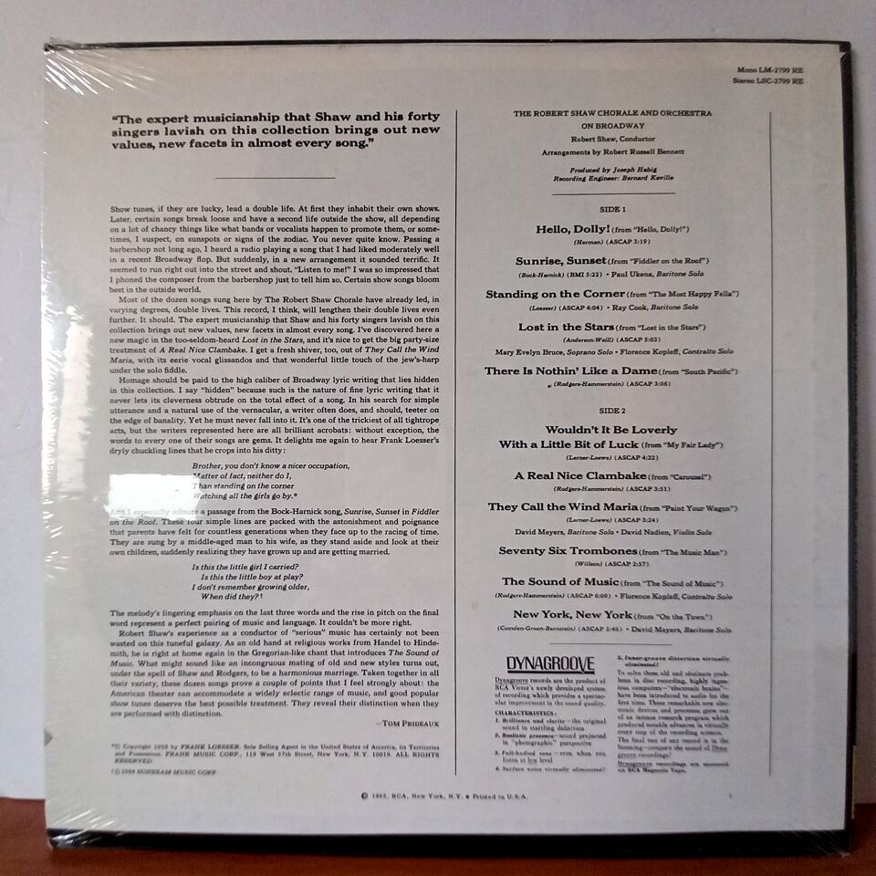 THE ROBERT SHAW CHORALE AND ORCHESTRA – ON BROADWAY (1965) - LP DÖNEM BASKI SIFIR PLAK