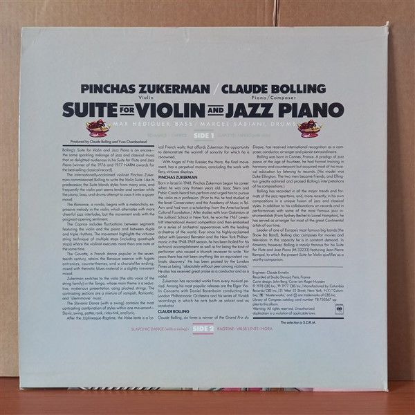 PINCHAS ZUKERMAN / CLAUDE BOLLING – SUITE FOR VIOLIN AND JAZZ PIANO (1978) - LP 2.EL PLAK