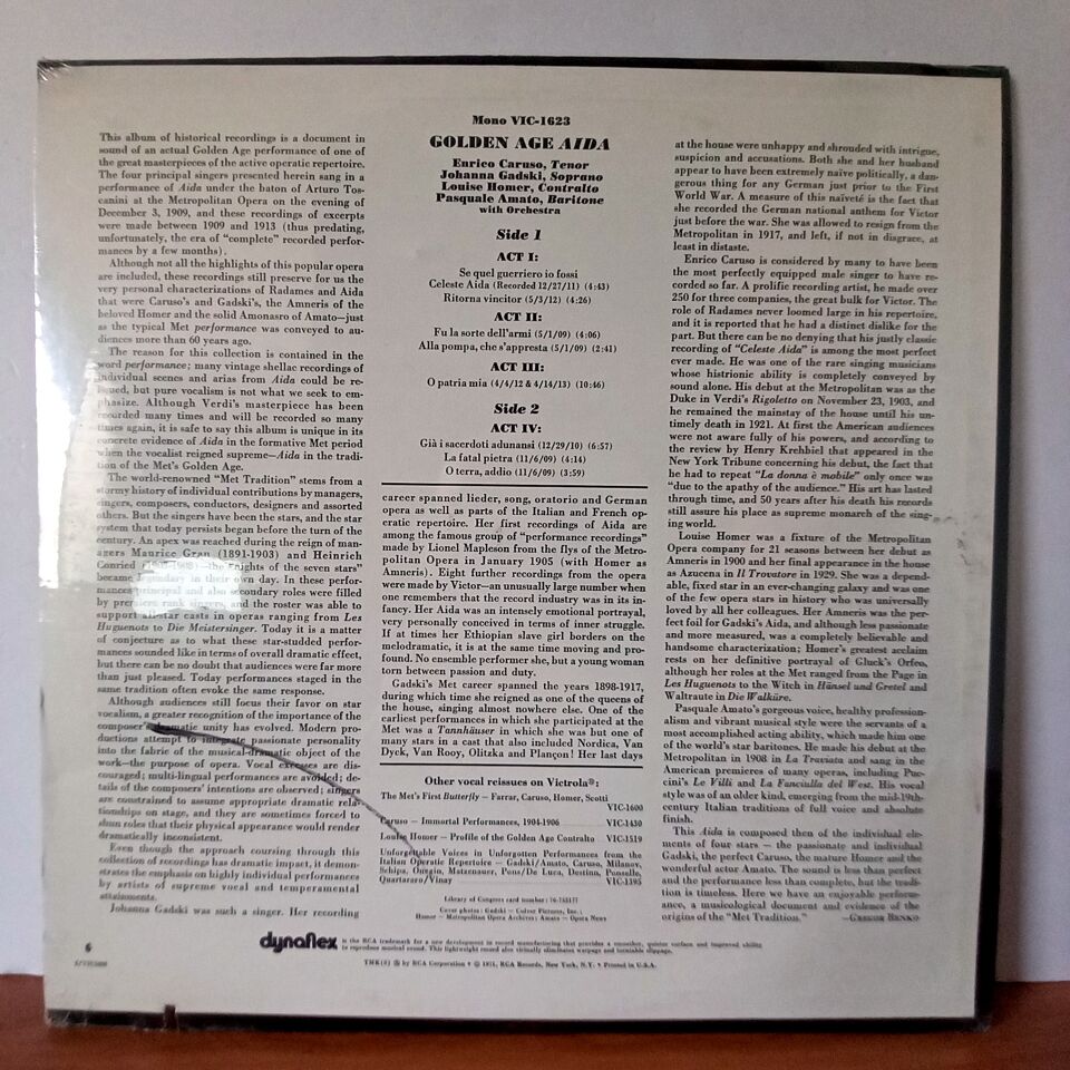 GOLDEN AGE AIDA: POPULAR HIGHLIGHTS BY THE MET\'S SUPERSTARS / CARUSO, GADSKI, HOMER, AMATO (1971) - LP DÖNEM BASKI SIFIR PLAK