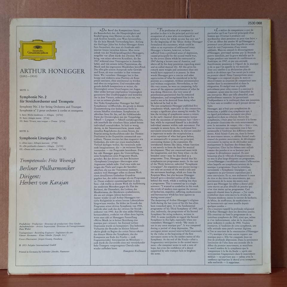 ARTHUR HONEGGER: SYMPHONIE LITURGIQUE • SYMPHONIE NR. 2 / BERLINER PHILHARMONIKER • HERBERT VON KARAJAN (1973) - LP 2.EL PLAK