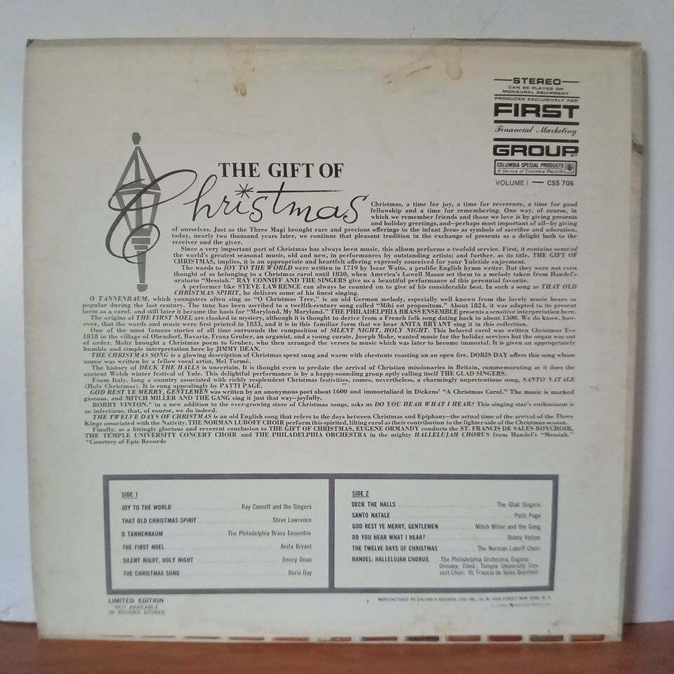 VARIOUS – THE GIFT OF CHRISTMAS VOLUME 1 / ANITA BRYANT, JIMMY DEAN, PATTI PAGE, RAY CONNIFF SINGERS, BOBBY VINTON (1972) - LP 2.EL PLAK
