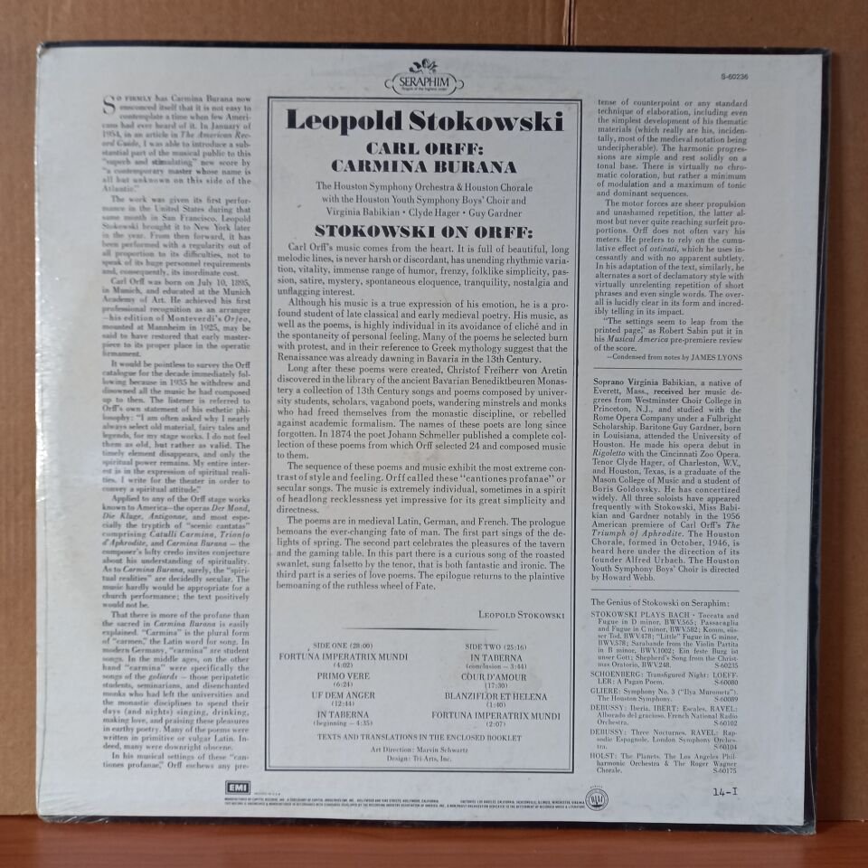 ORFF: CARMINA BURANA / STOKOWSKI, HOUSTON SYMPHONY ORCHESTRA, HOUSTON CHORALE* & HOUSTON YOUTH SYMPHONY BOYS CHOIR AND VIRGINIA BABIKIAN • CLYDE HAGER • GUY GARDNER - LP DÖNEM BASKISI SIFIR PLAK