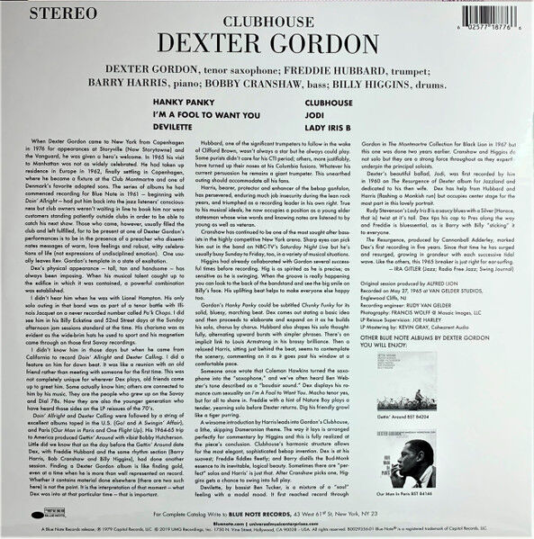 DEXTER GORDON – CLUBHOUSE (1979) - LP 2019 REISSUE 180GR GATEFOLD TONE POET SERIES SIFIR PLAK