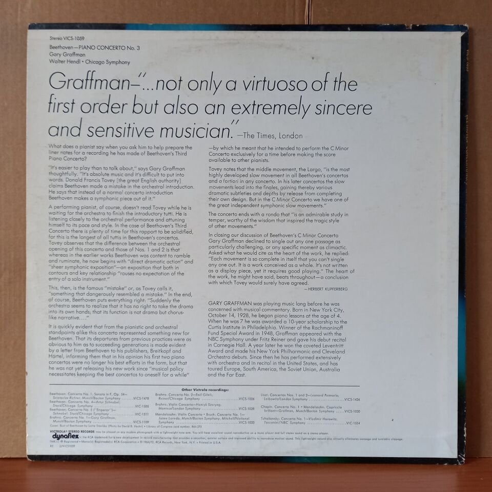 BEETHOVEN: PIANO CONCERTO NO. 3 / GARY GRAFFMAN, THE CHICAGO SYMPHONY ORCHESTRA, WALTER HENDL - LP 2.EL PLAK