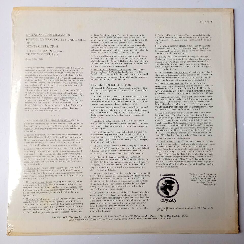 SCHUMANN : LOTTE LEHMANN - BRUNO WALTER – FRAUENLIEBE UND LEBEN, OP. 42 / DICHTERLIEBE, OP. 48 - LP DÖNEM BASKI SIFIR PLAK