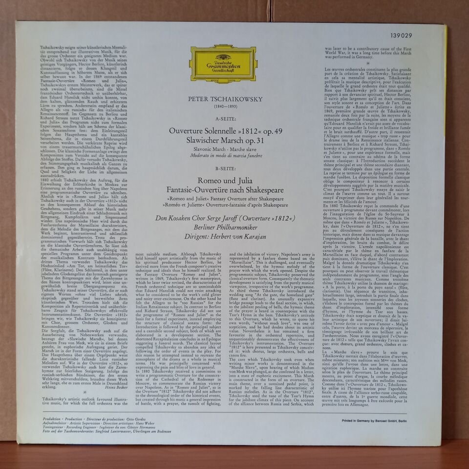PETER TSCHAIKOWSKY: OUVERTURE 1812 • MARCHE SLAVE • ROMEO UND JULIA / DON KOSAKEN CHOR SERGE JAROFF, BERLINER PHILHARMONIKER, HERBERT VON KARAJAN (1967) - LP 2.EL PLAK