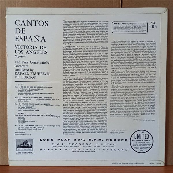 VICTORIA DE LOS ANGELES, PARIS CONSERVATOIRE ORCHESTRA , CONDUCTED BY: RAFAEL FRÜHBECK DE BURGOS – CANTOS DE ESPANA (1962) - LP 2. EL PLAK