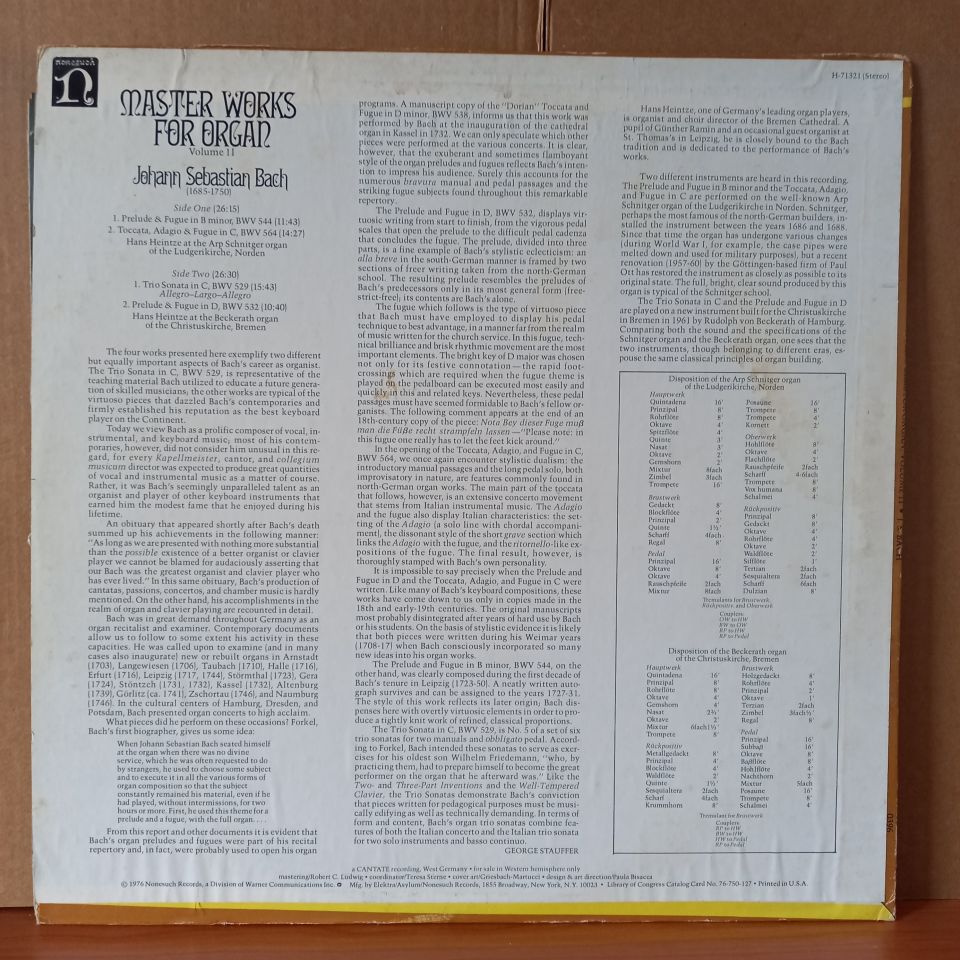 MASTER WORKS FOR ORGAN VOLUME 11 / JOHANN SEBASTIAN BACH / HANS HEINTZE (1976) - LP 2.EL PLAK