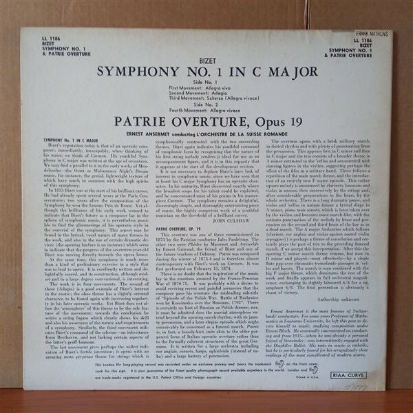 BIZET: SYMPHONY NO. 1 IN C MAJOR / PATRIE - OVERTURE, OP. 19 / ERNEST ANSERMET CONDUCTING L'ORCHESTRE DE LA SUISSE ROMANDE - LP 2. EL PLAK