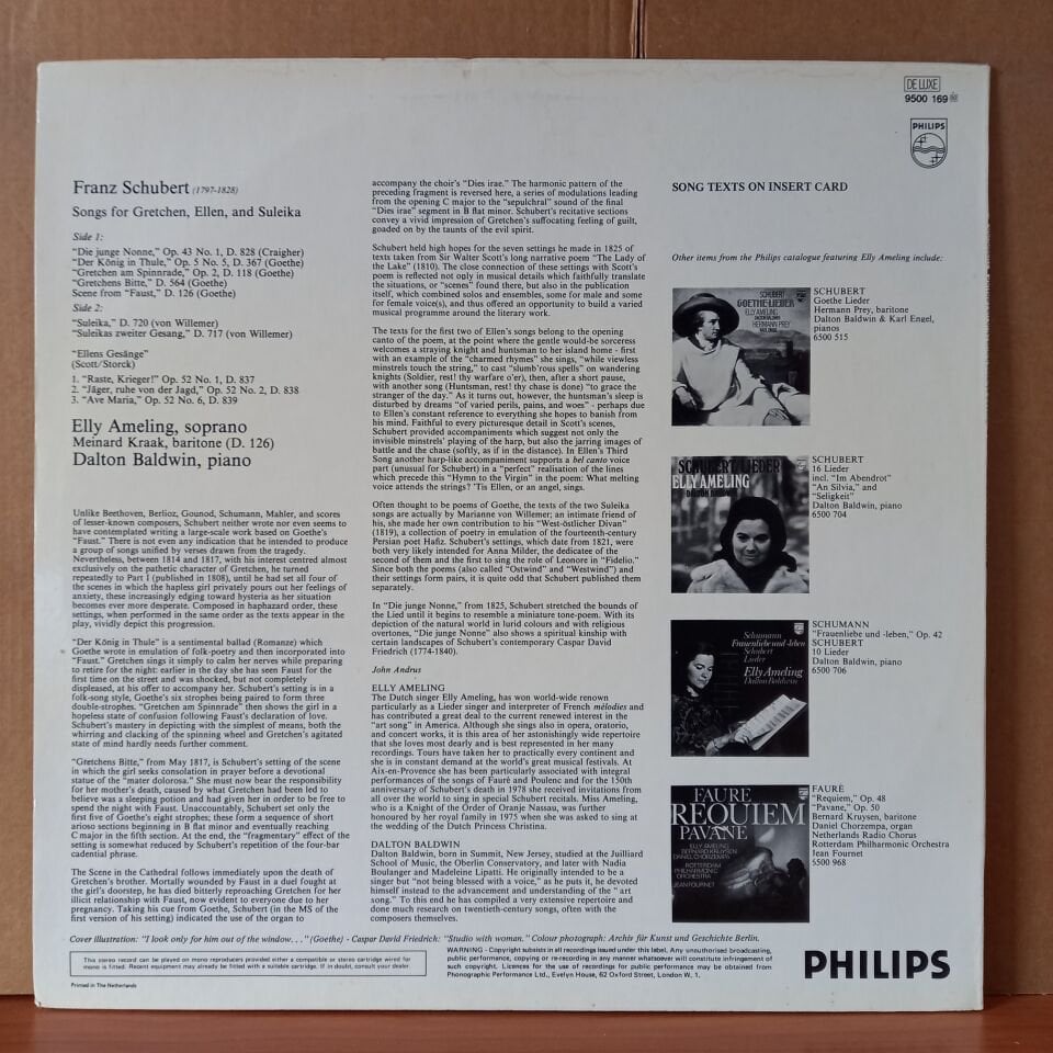 SCHUBERT: SONGS FOR GRETCHEN, ELLEN, & SULEIKA / ELLY AMELING, DALTON BALDWIN (1977) - LP 2.EL PLAK