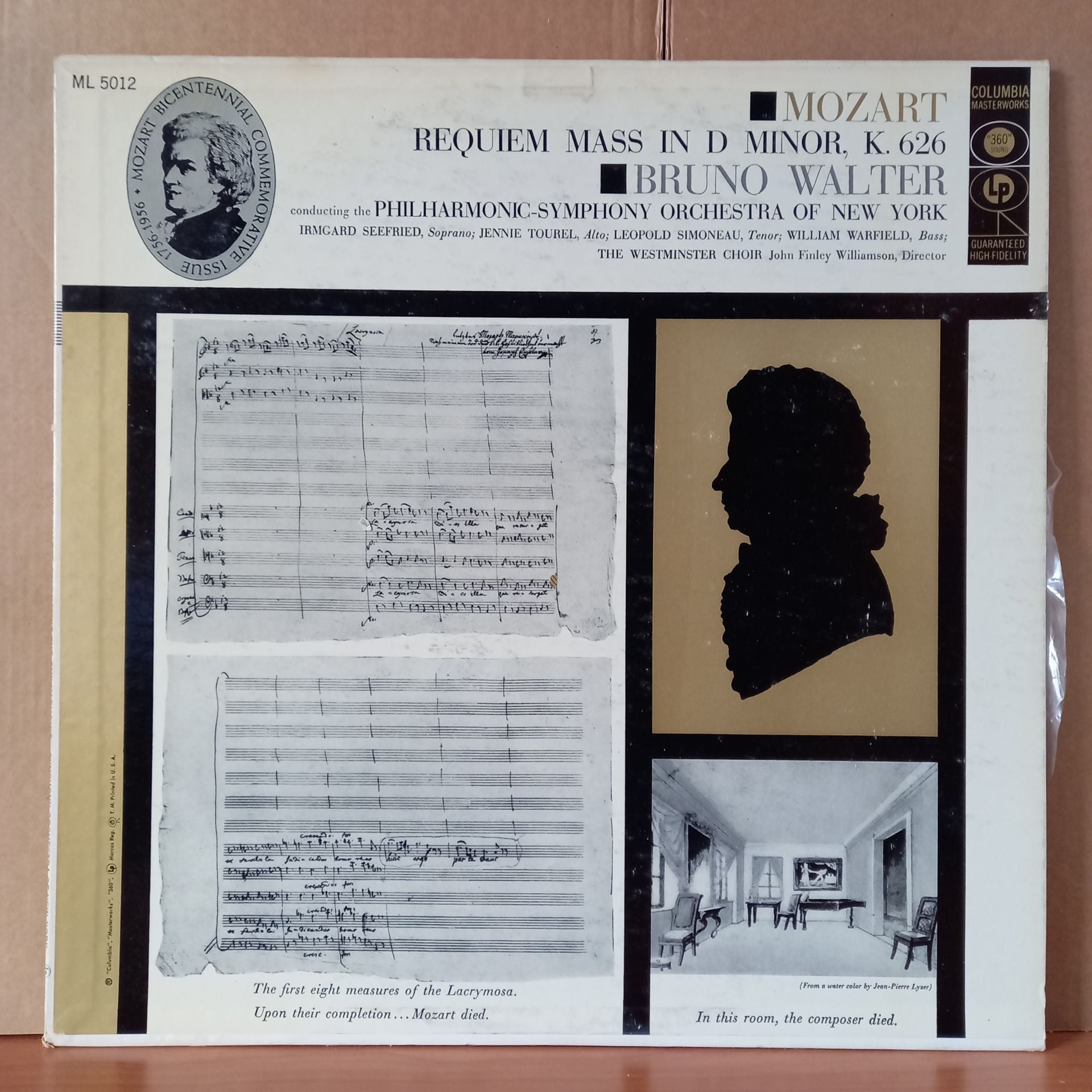 MOZART: REQUIEM MASS IN D MINOR, K. 626 / BRUNO WALTER THE PHILHARMONIC SYMPHONY ORCHESTRA OF NEW YORK, THE WESTMINSTER CHOIR (1956) - LP 2.EL PLAK