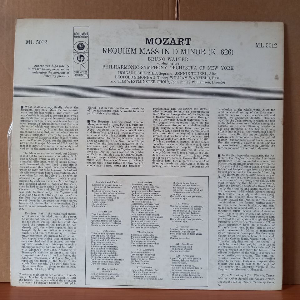 MOZART: REQUIEM MASS IN D MINOR, K. 626 / BRUNO WALTER THE PHILHARMONIC SYMPHONY ORCHESTRA OF NEW YORK, THE WESTMINSTER CHOIR (1956) - LP 2.EL PLAK