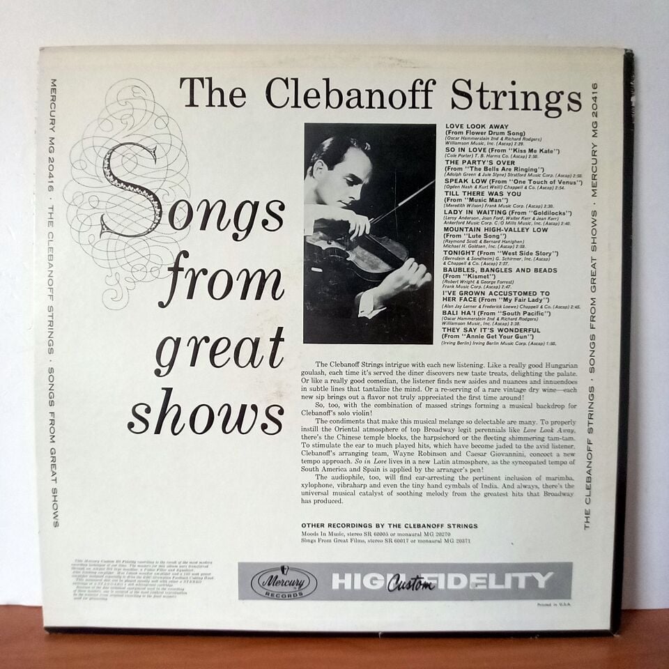 THE CLEBANOFF STRINGS AND ORCHESTRA – CLEBANOFF PLAYS SONGS FROM GREAT SHOWS... (1959) - LP 2.EL PLAK