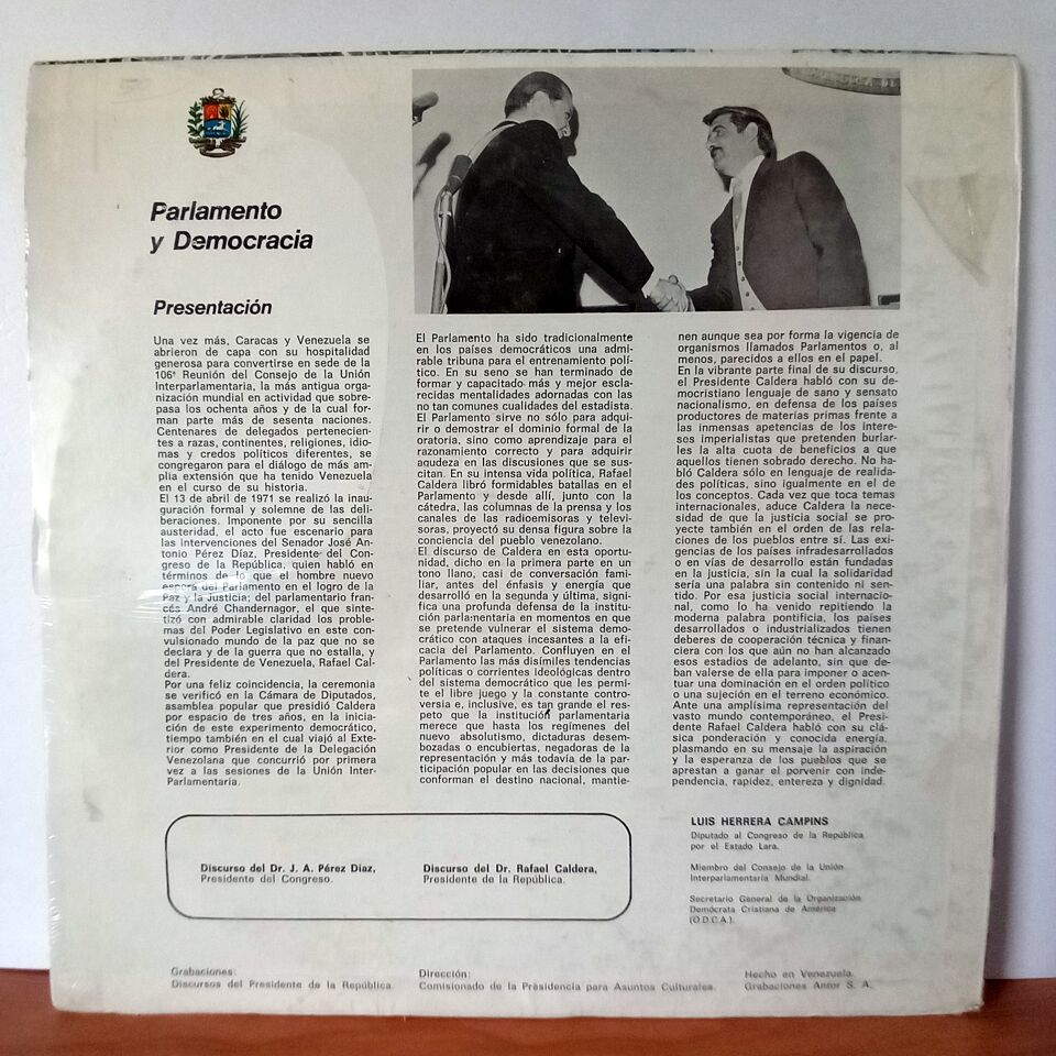 PARLAMENTO Y DEMOCRACIA / RAFAEL CALDERA, JOSE ANTONIO PEREZ DIAZ (1971) - LP DÖNEM BASKI SIFIR PLAK