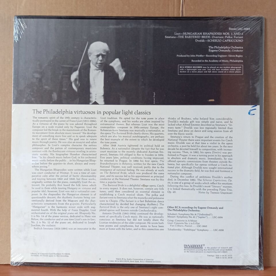 LISZT: HUNGARIAN RHAPSODIES NOS. 1 AND 2 / SMETANA: BARTERED BRIDE: OVERTURE • POLKA • FURIANT / DVORAK: SCHERZO CAPRICCIOSO / THE PHILADELPHIA ORCHESTRA, EUGENE ORMANDY (1968) - LP DÖNEM BASKISI SIFIR PLAK