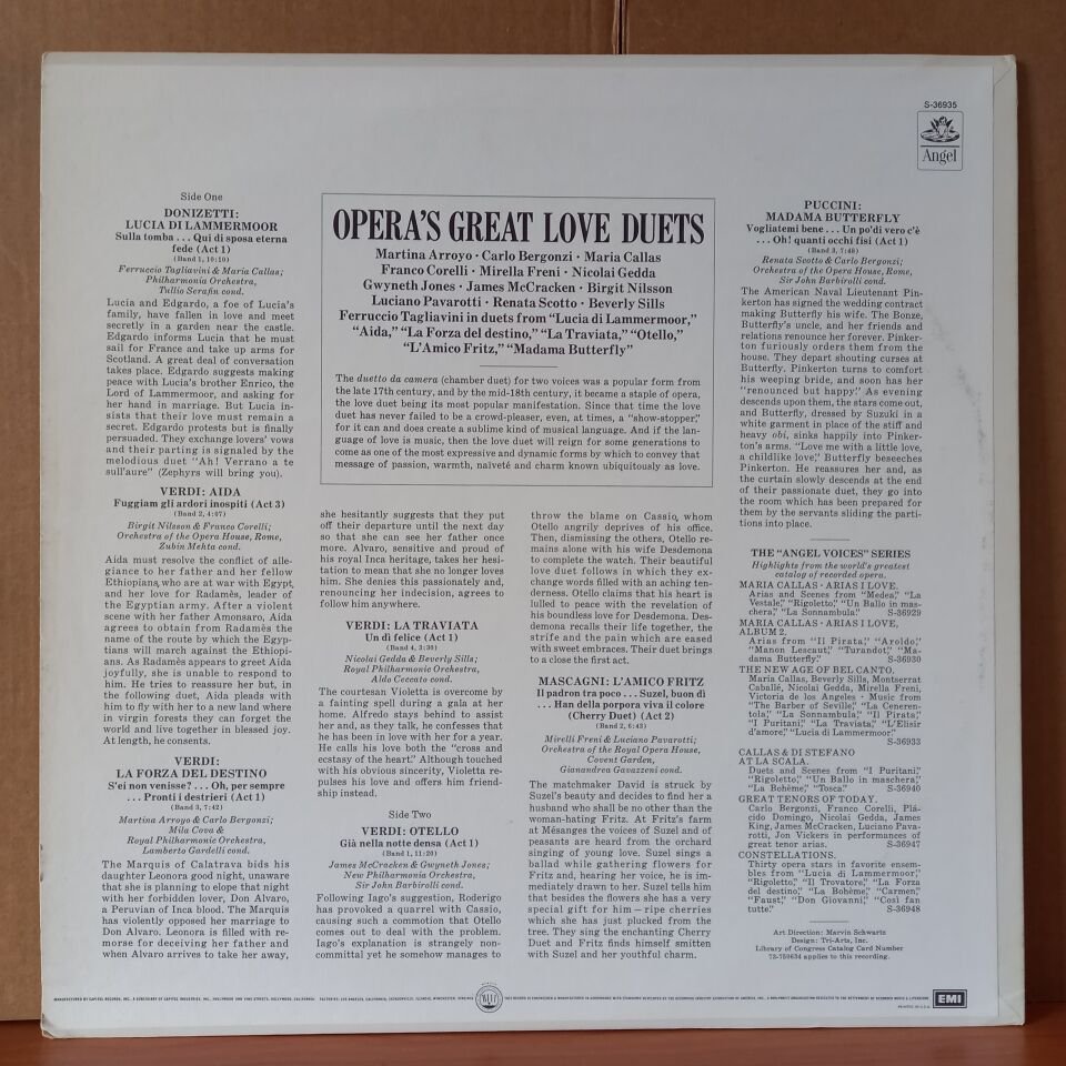 OPERA'S GREAT LOVE DUETS / DONIZETTI, VERDI, MASCAGNI, PUCCINI / ARROYO, BERGONZI, CALLAS, CORELLI, FRENI, GEDDA, JONES, MCCRACKEN, NILSSON, PAVAROTTI, SCOTTO, SILLS, TAGLIVANI (1979) - LP 2.EL PLAK