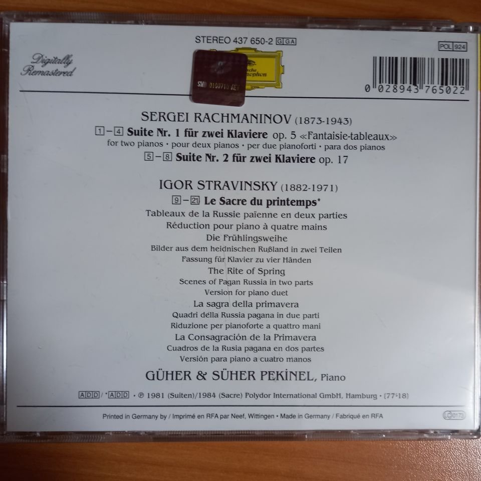 IGOR STRAVINSKY , SERGEI RACHMANINOV , GÜHER & SÜHER PEKINEL – LE SACRE DU PRINTEMPS [FÜR PIANO ZU 4 HÄNDEN - FOR PIANO DUET] / SUITEN FÜR 2 KLAVIERE - SUITES FOR 2 PIANOS (1984) - CD 2.EL