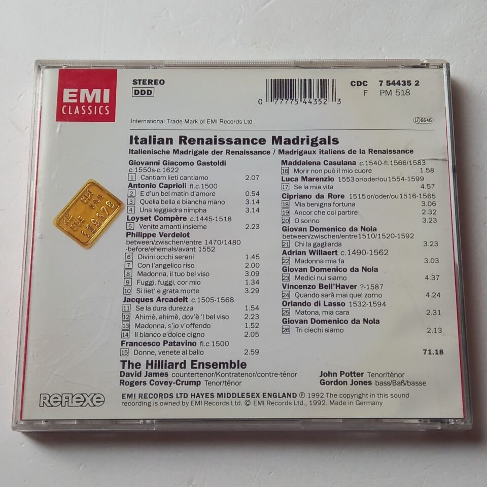 THE HILLIARD ENSEMBLE – ITALIAN RENAISSANCE MADRIGALS (1992) - CD 2.EL