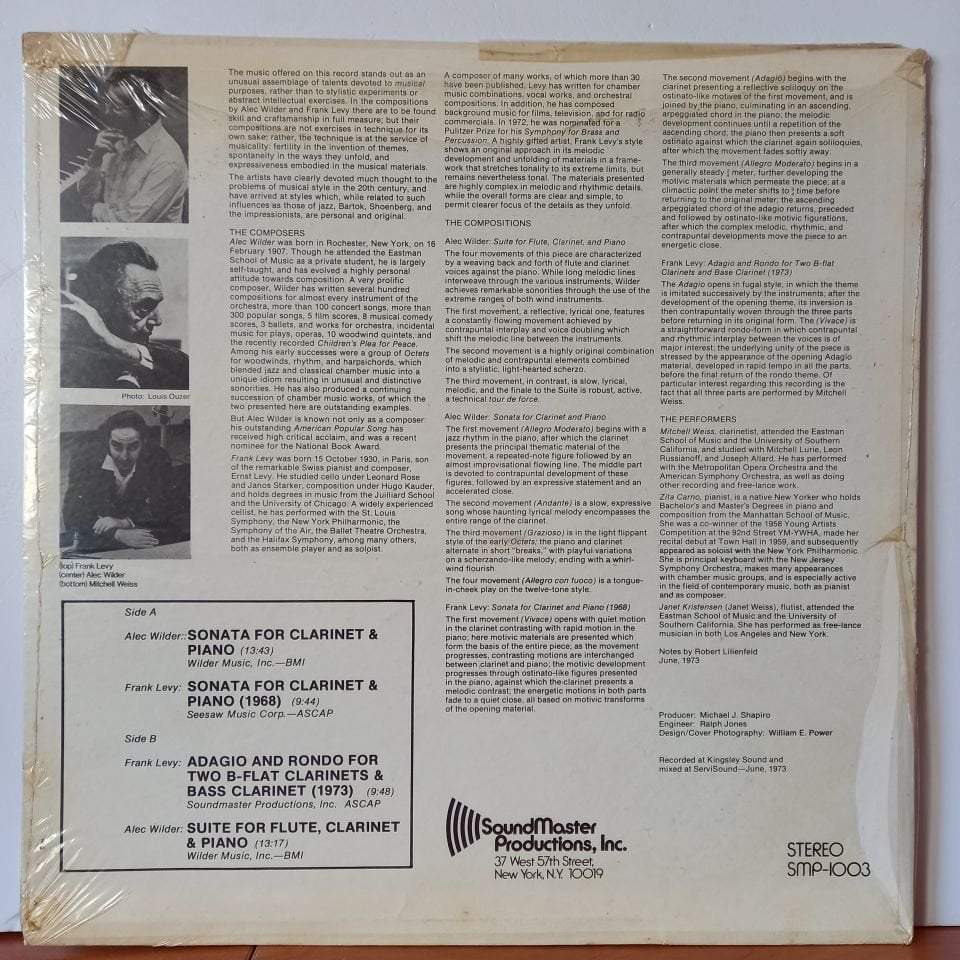 ALEC WILDER, FRANK LEVY – SONATA FOR CLARINET & PIANO (1973) - LP DÖNEM BASKI SIFIR PLAK