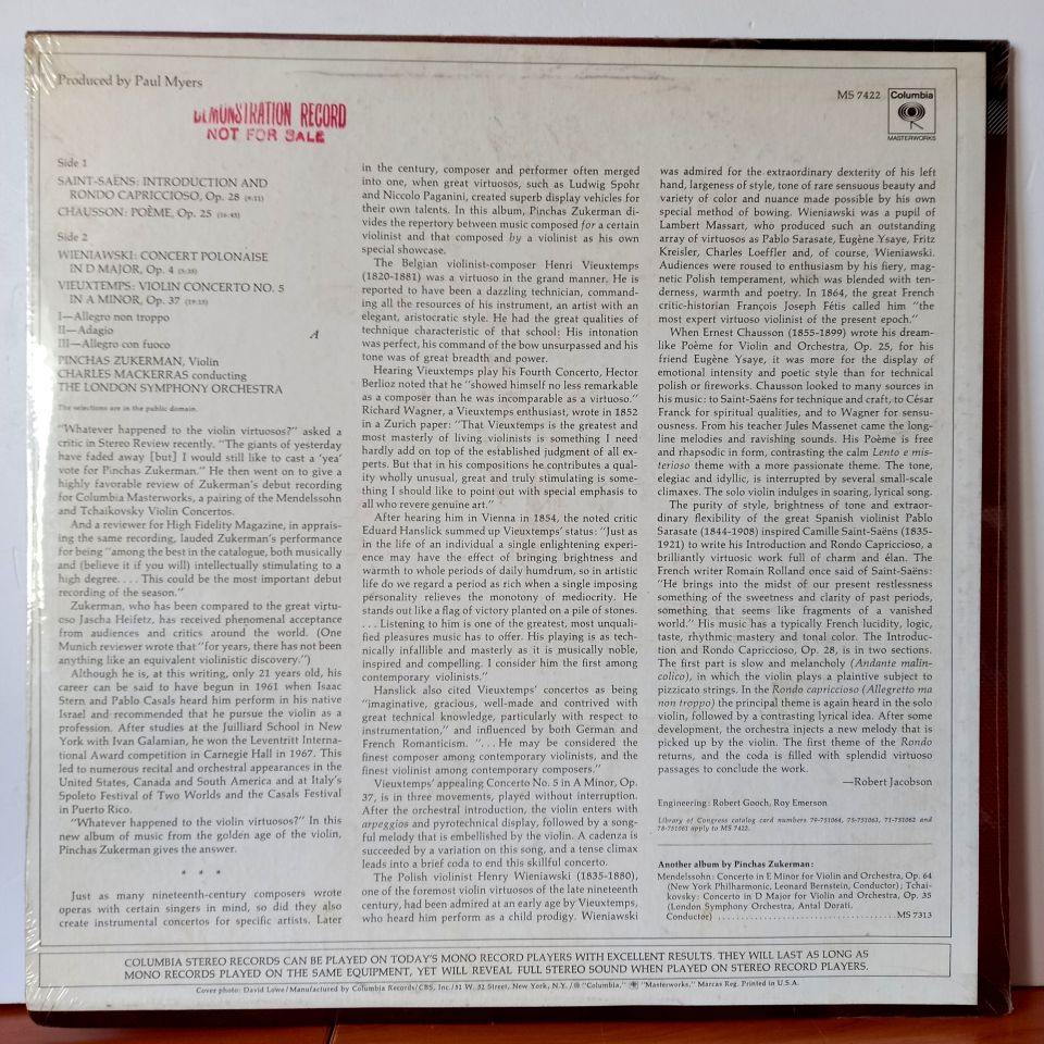 ZUKERMAN, THE LONDON SYMPHONY ORCHESTRA, CHARLES MACKERRAS - POEME / INTRODUCTION AND RONDO CAPRICCIOSO / CONCERTO NO. 5, POLONAISE IN D, CHAUSSON SAINT-SAENS, VIEUXTEMPS, WIENIAWSKI (1970) - LP DÖNEM BASKI SIFIR PLAK
