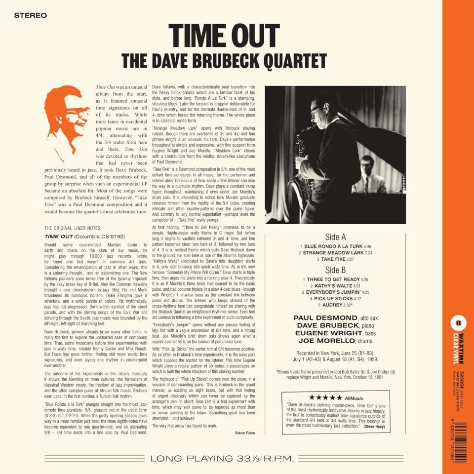 DAVE BRUBECK QUARTET - TIME OUT /  TAKE FIVE / BLUE RONDO A LA TURK (1959) - LP CLEAR COLOURED EDITION SIFIR PLAK