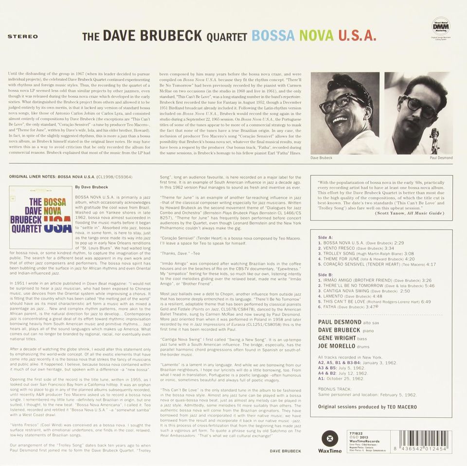 DAVE BRUBECK QUARTET - BOSSA NOVA USA (1963) - LP 180GR 2013 EDITION REISSUE SIFIR PLAK