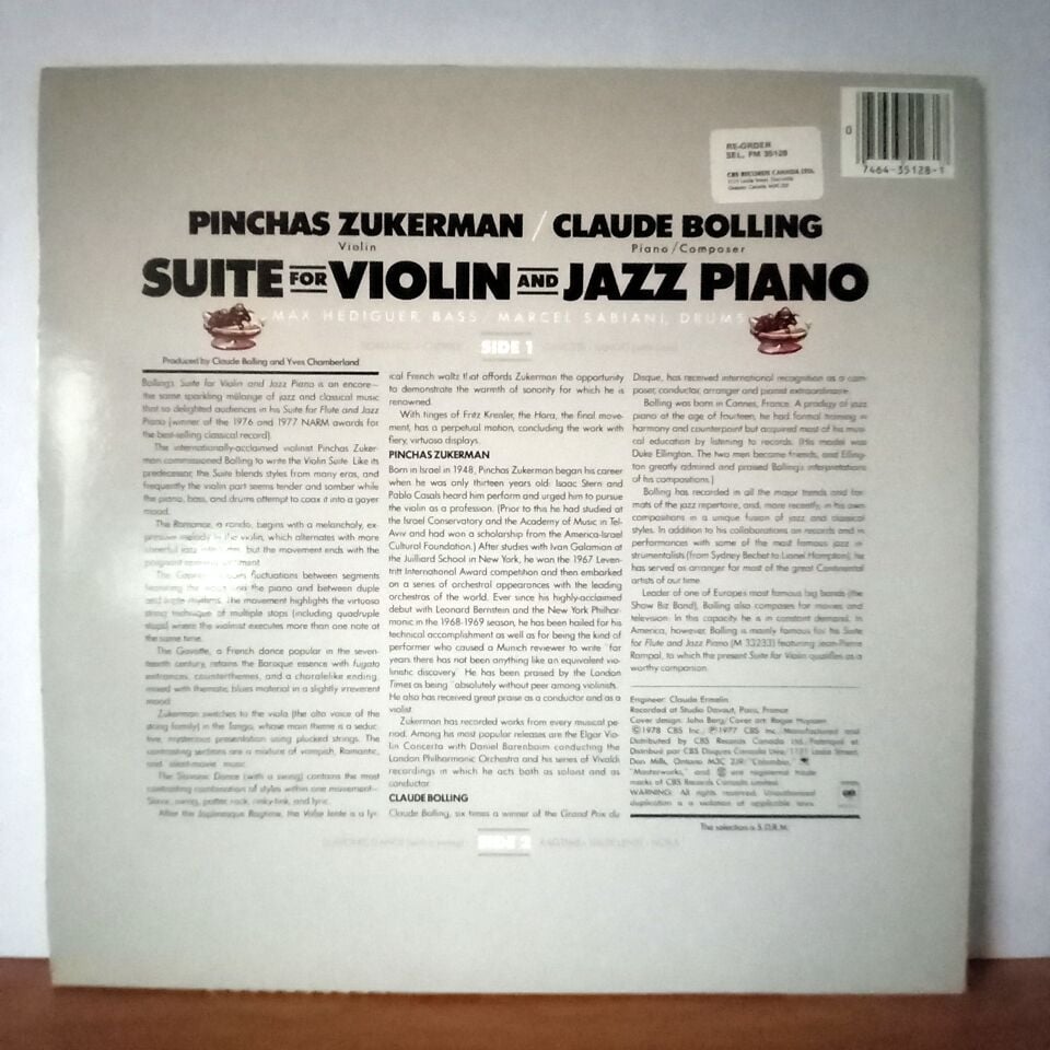 PINCHAS ZUKERMAN / CLAUDE BOLLING – SUITE FOR VIOLIN AND JAZZ PIANO (1978) - LP 2.EL PLAK